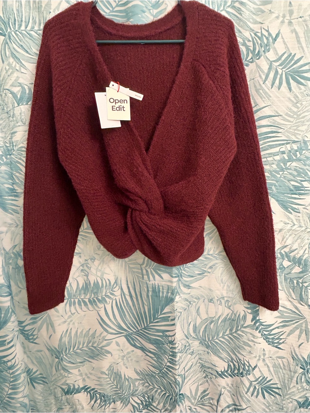 Open Edit Women's Twist-Knot V-Neck Sweater in Burgundy